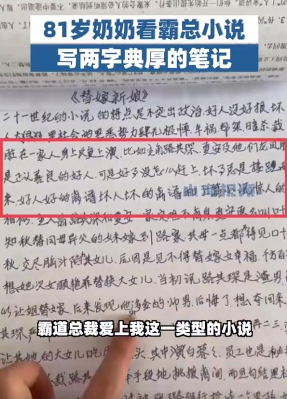 81岁奶奶熬夜看霸道总裁小说:写了满满的读后笔记