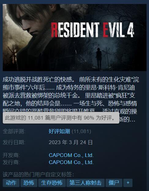 《生化4:重制版》Steam评论数破万!好评率升至96%