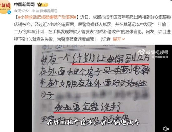 小偷放话把成都偷破产后落网 网友：进程不到1%